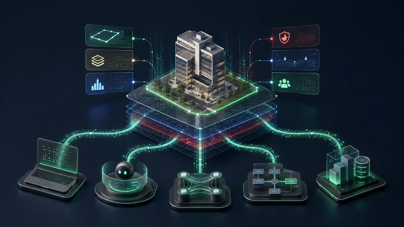 Conceptual property intelligence core distributing structured data to applications, AI agents, underwriting systems, and custom enterprise products