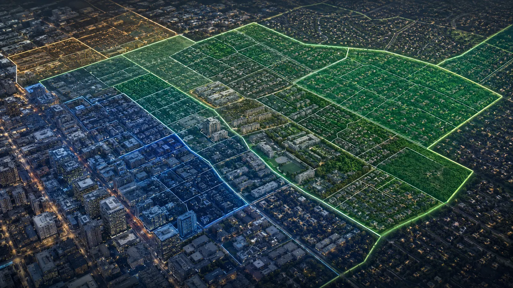 Conceptual aerial visualization of nested tract and block-group geographies across urban and suburban neighborhoods