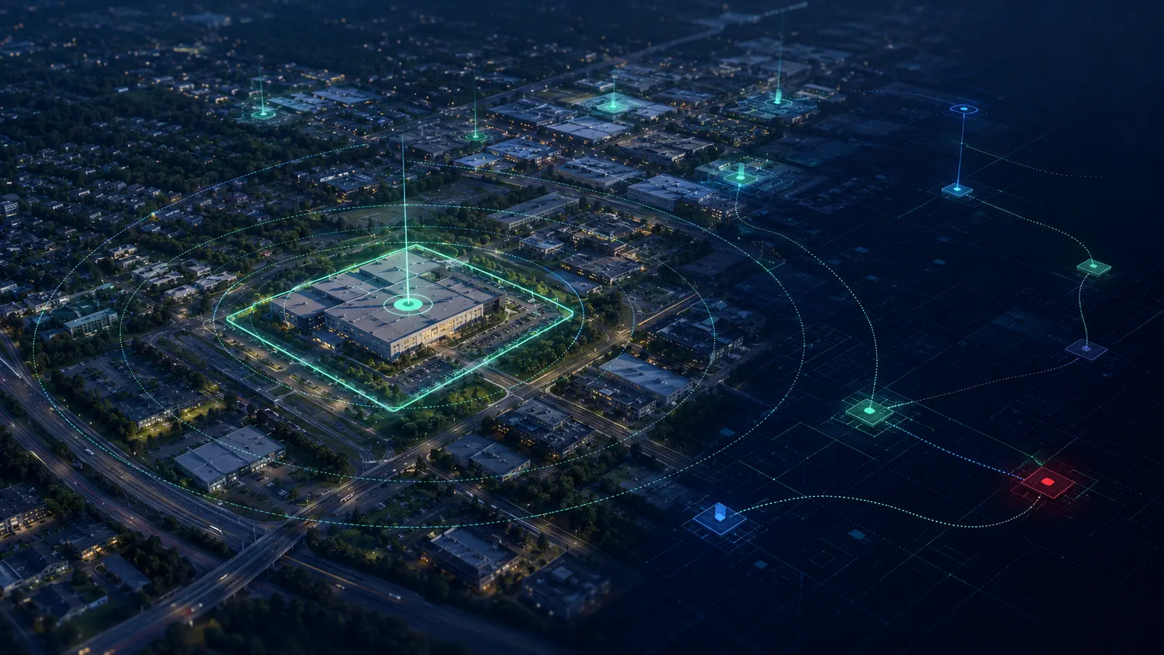 Conceptual aerial property visualization with verified parcel coordinates, proximity rings, and nearby environmental facility records connected through a national spatial index