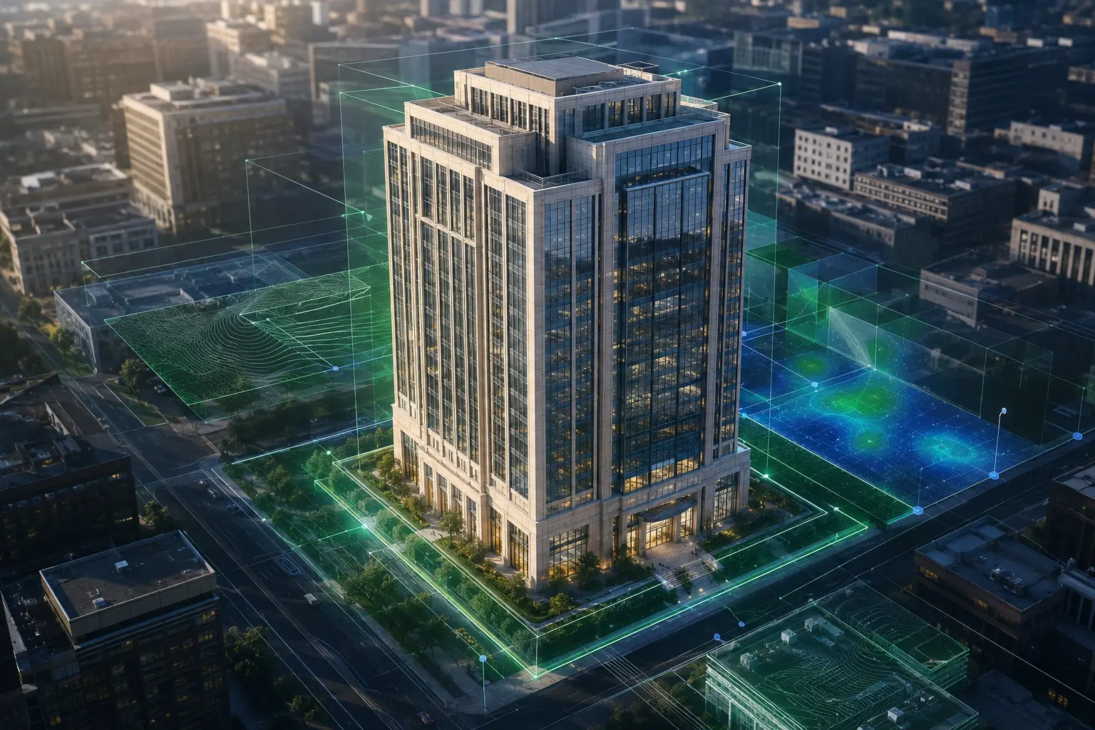 Conceptual commercial property surrounded by parcel, valuation, risk, market, and provenance intelligence layers