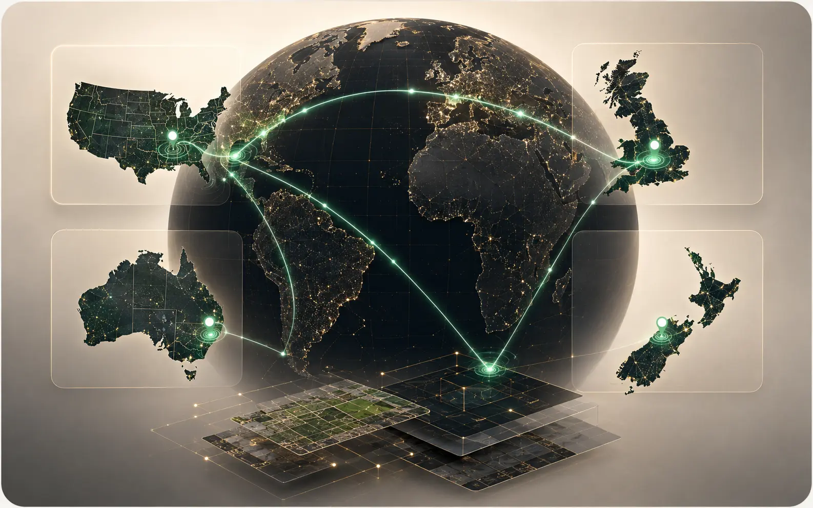 Global property infrastructure connecting the United States, Great Britain, New Zealand, Australia, and Estonia through a shared property and geospatial intelligence layer