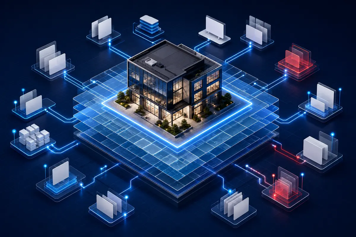 A central commercial property connected to layered parcel, ownership, valuation, market, and risk intelligence