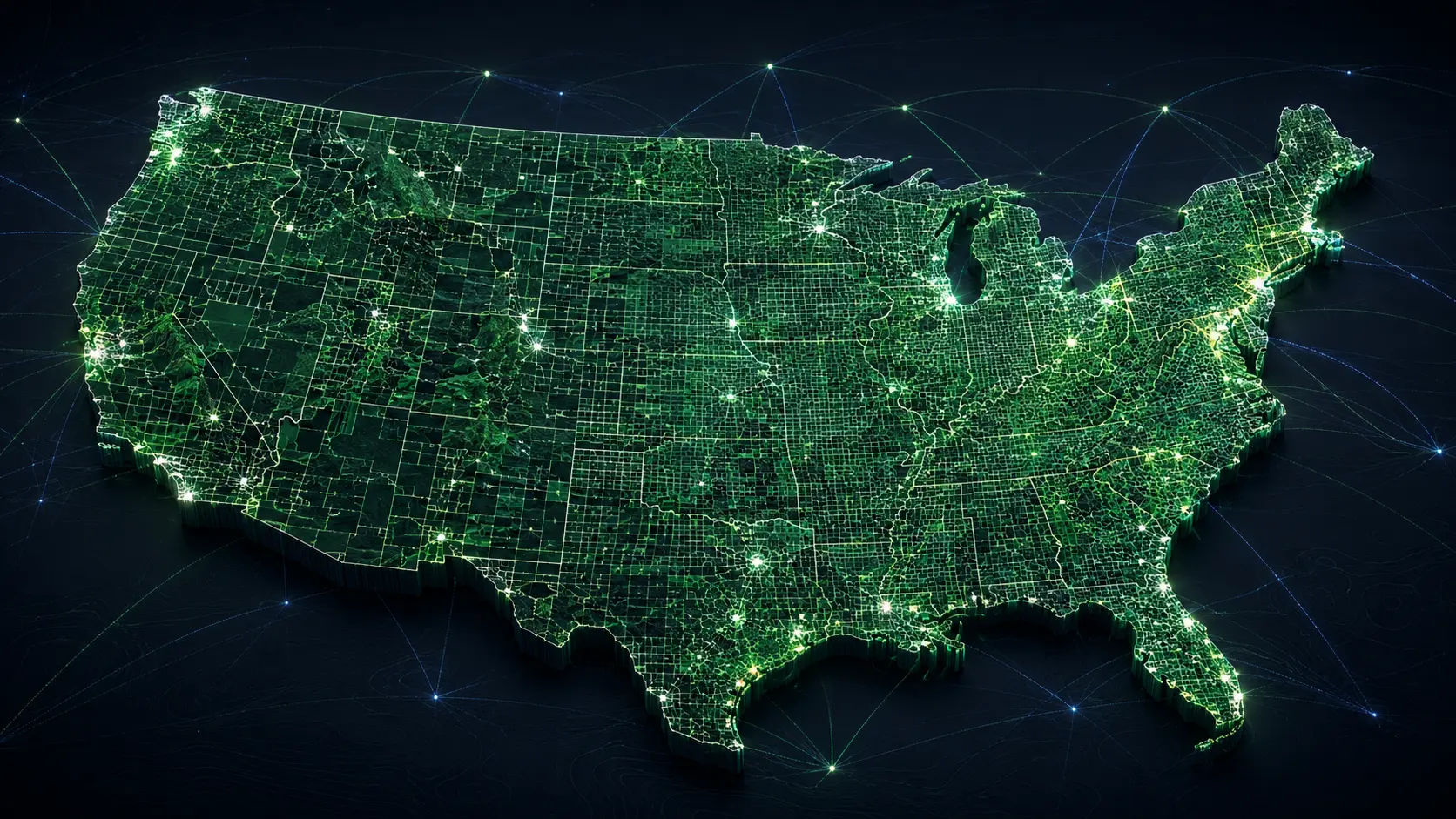 Conceptual United States property-data network formed from nationwide parcel and county geometry