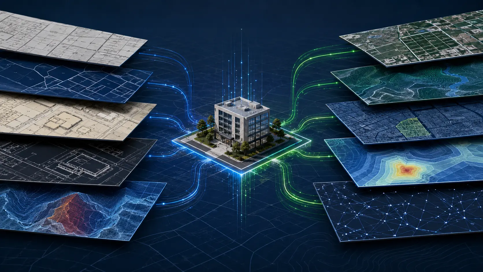 Conceptual visualization of authoritative parcel, assessor, market, community, geometry, and hazard layers converging into one canonical property record